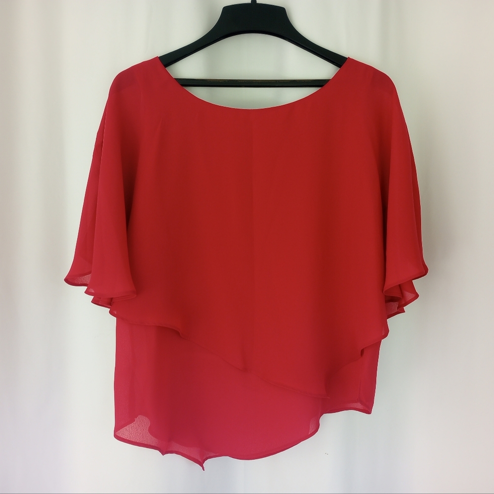 Elegant Rubine Red Blouse With Cape Sleeves Handkerchief Hem Sz 18w